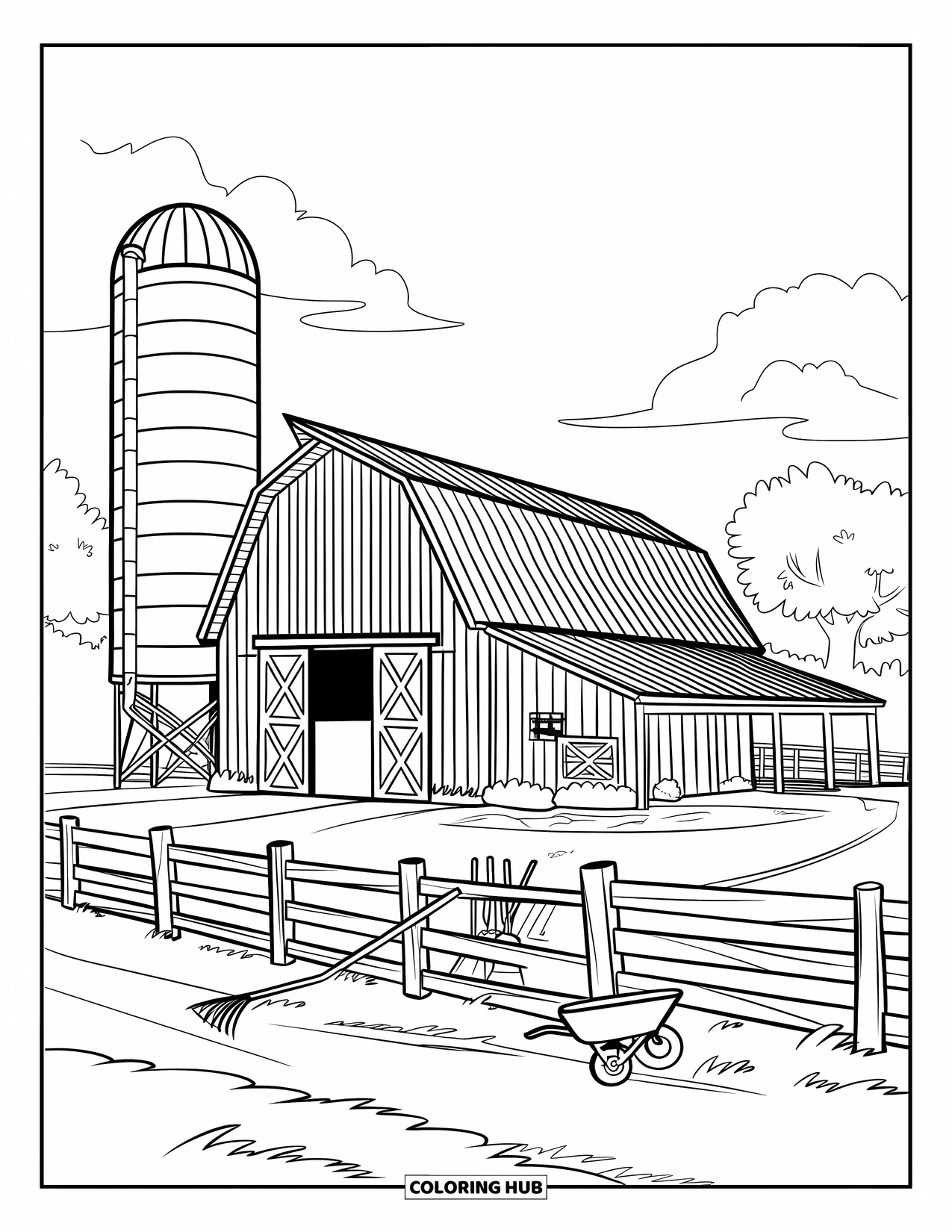 Farmer Coloring Page for Kids: A barn with a silo, fence, tools, and nearby trees