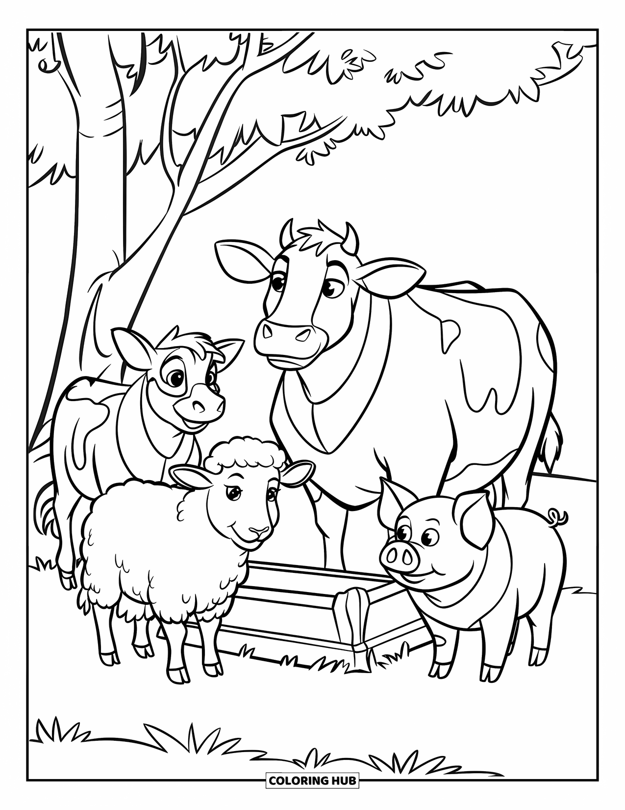 Farmer Coloring Page for Kids: A cow, sheep, and pig gathered near a trough by a tree