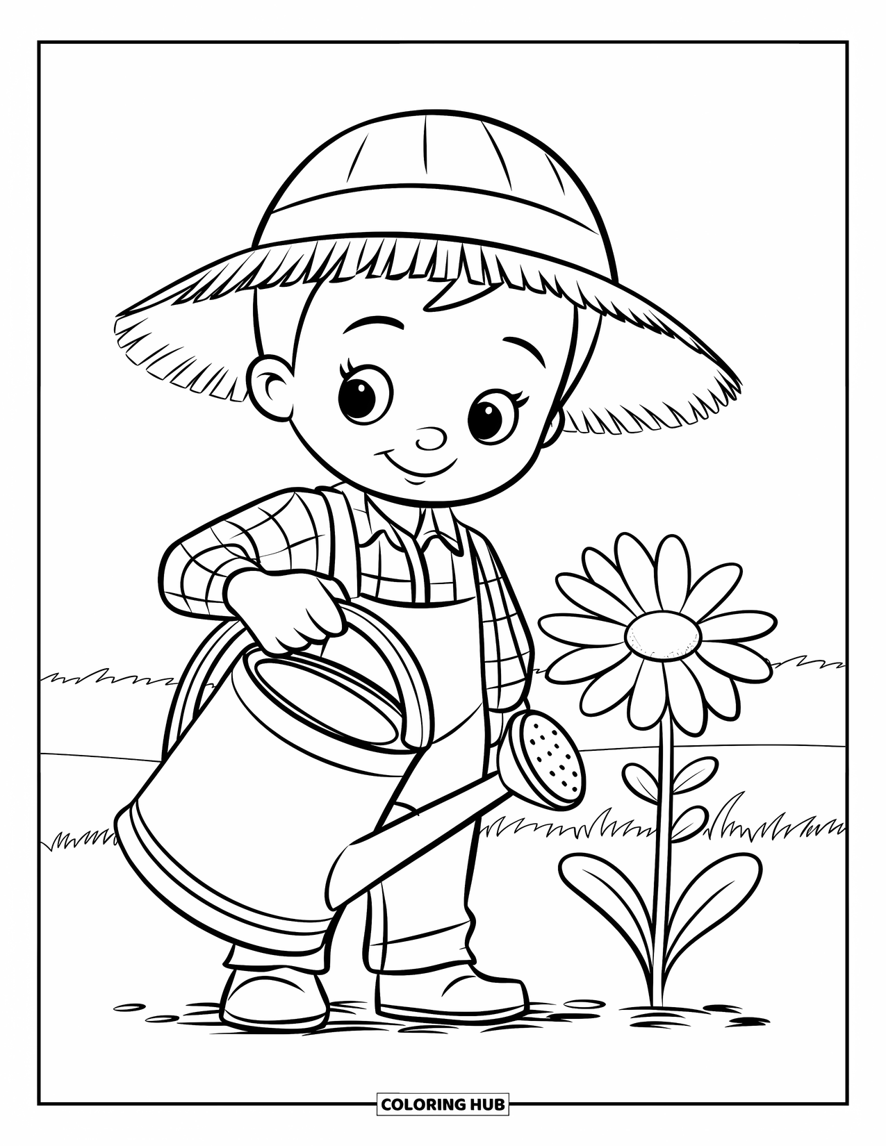 Farmer Coloring Page for Kids: A cute farmer holding a watering can beside a flower