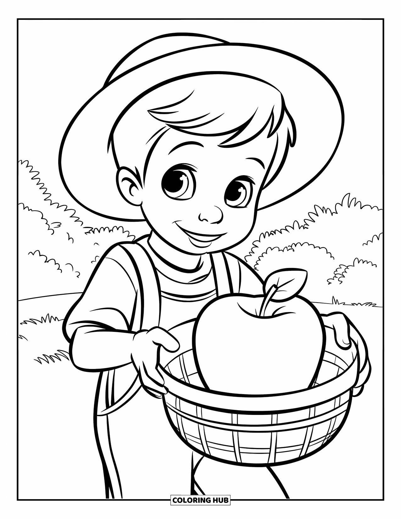 Farmer Coloring Page for Kids: A farmer boy standing with a basket holding one apple
