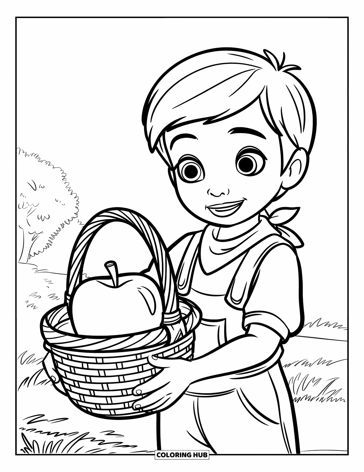 Farmer Coloring Page for Kids: A farmer boy with an apple basket wearing overalls and a bandana