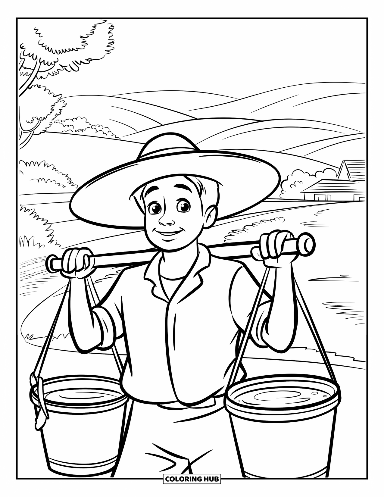 Farmer Coloring Page for Kids: A farmer carrying water buckets along a countryside path