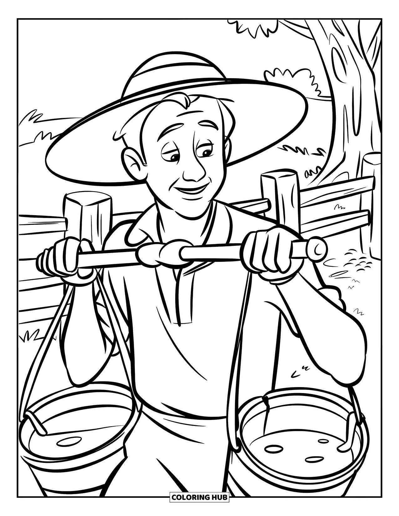 Farmer Coloring Page for Kids: A farmer carrying water buckets beside a wooden fence