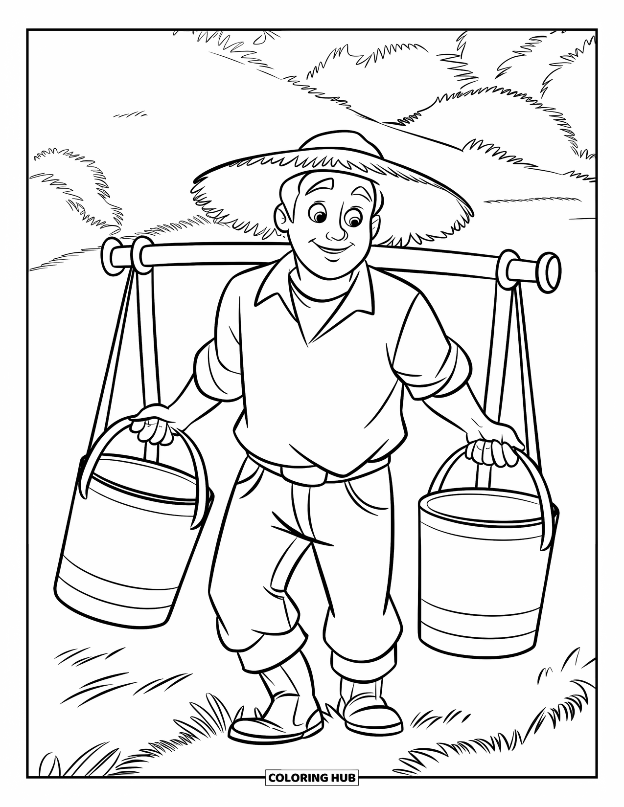Farmer Coloring Page for Kids: A farmer carrying water buckets through a green field