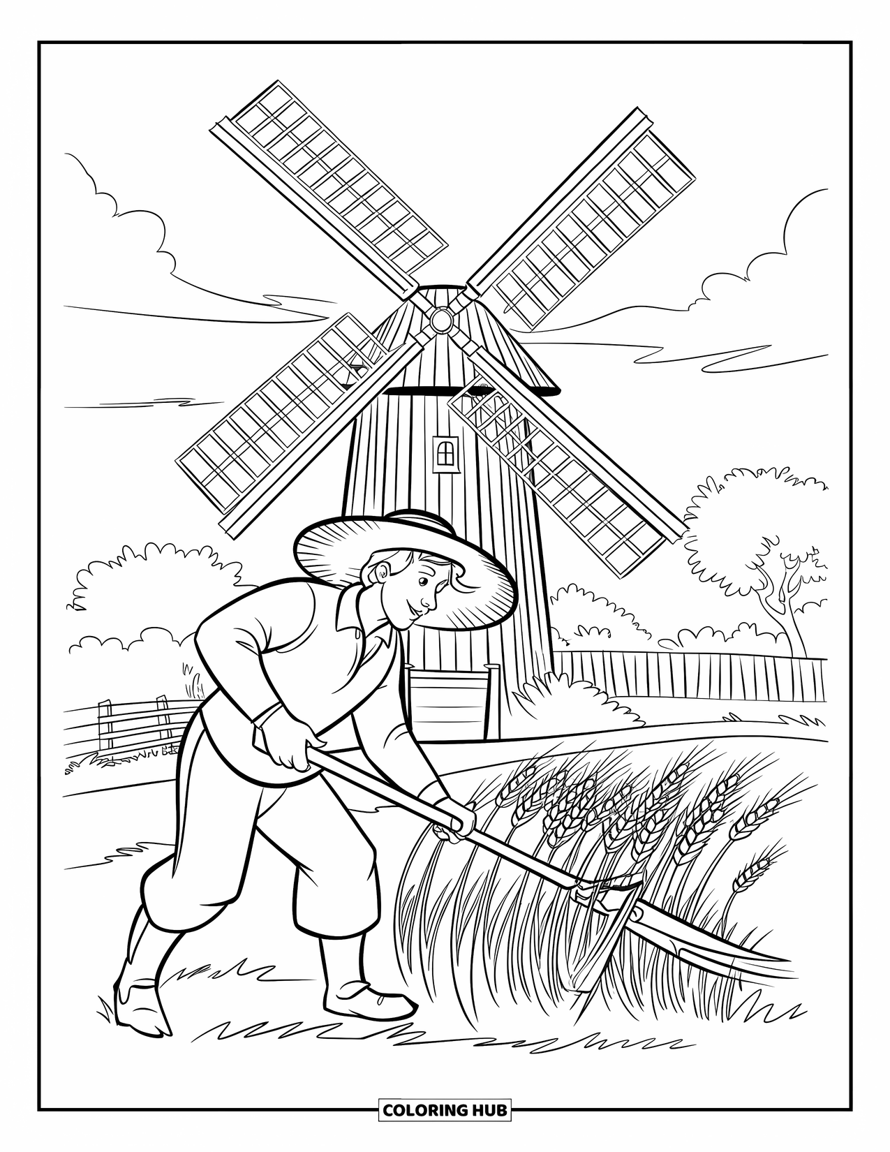 Farmer Coloring Page for Kids: A farmer cutting wheat with a scythe beside a rustic windmill