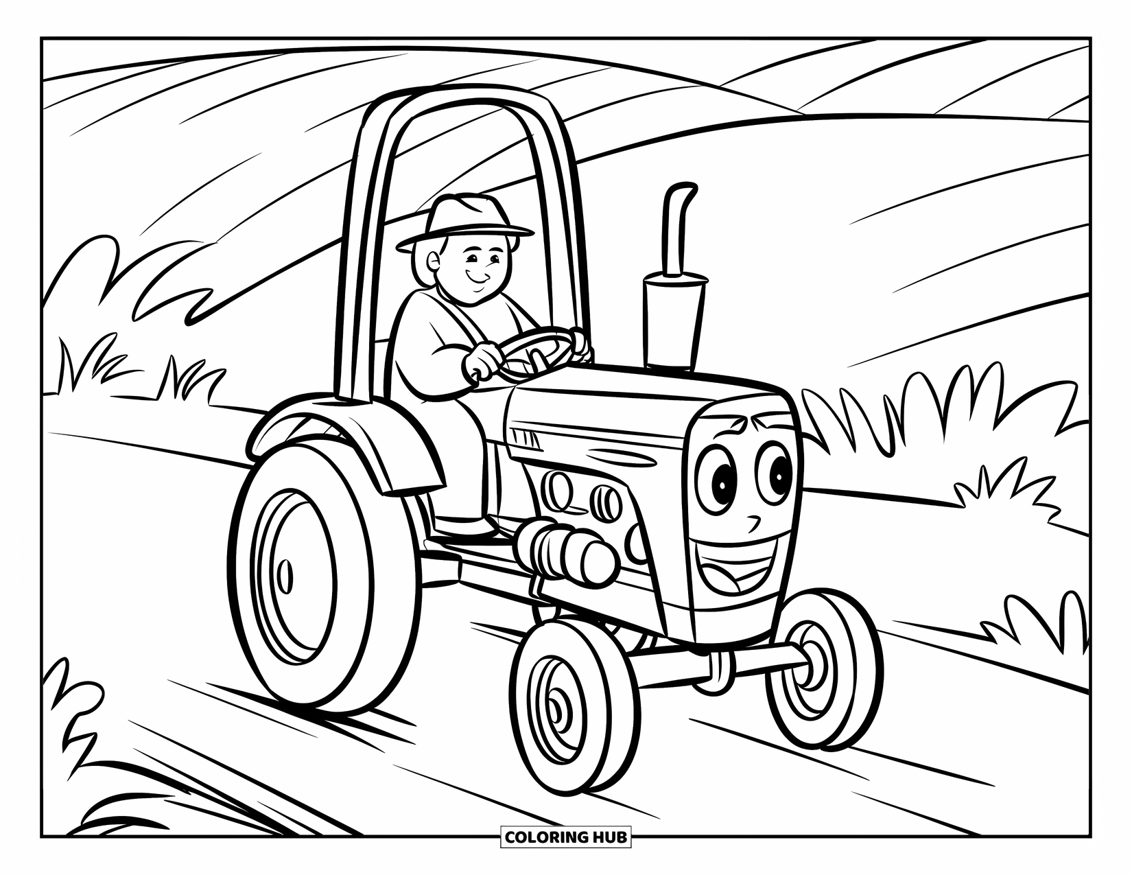 Farmer Coloring Page for Kids: A farmer driving a small tractor with a cheerful design