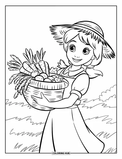 Desen de colorat cu fermier pentru copii: O fată fermier cărând un coș plin cu legume proaspete