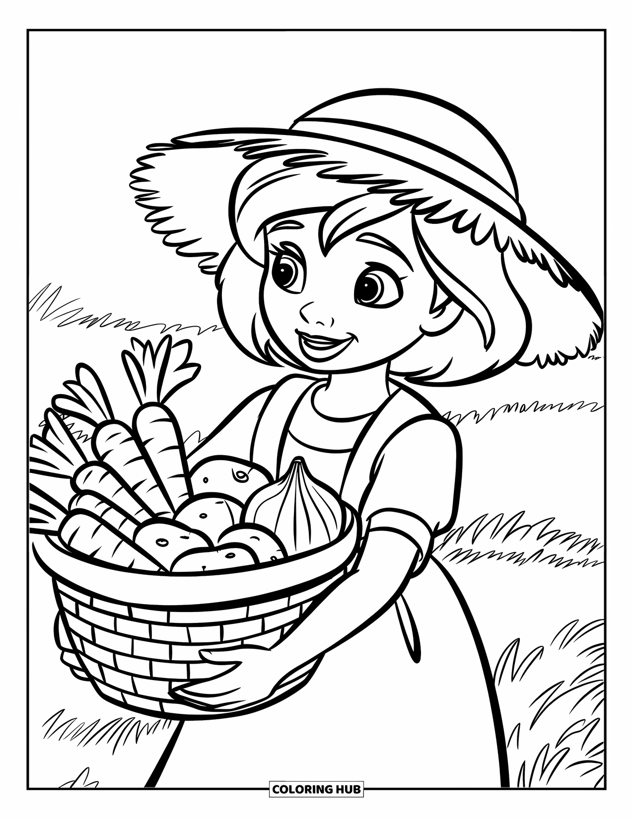 Farmer Coloring Page for Kids: A farmer girl holding a basket with carrots, potatoes, and onions