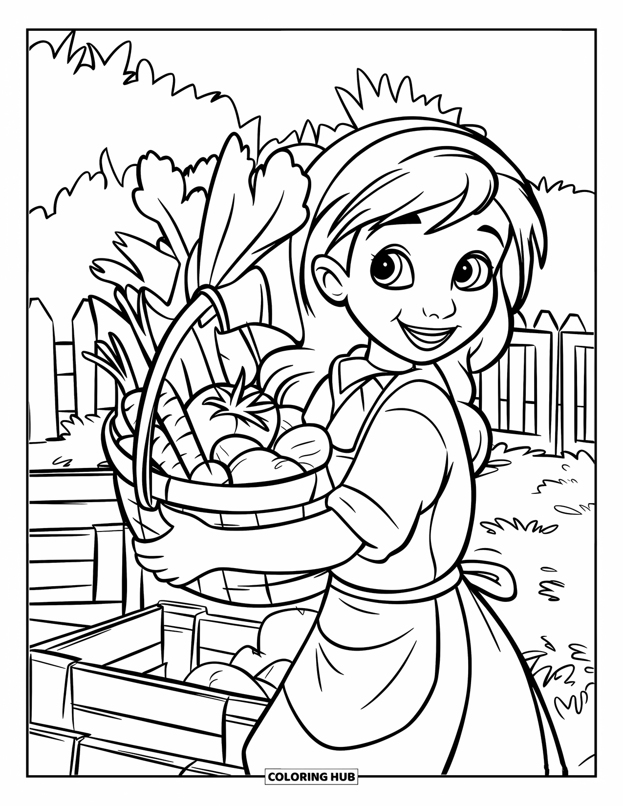 Farmer Coloring Page for Kids: A farmer girl smiling with a basket of vegetables by crates