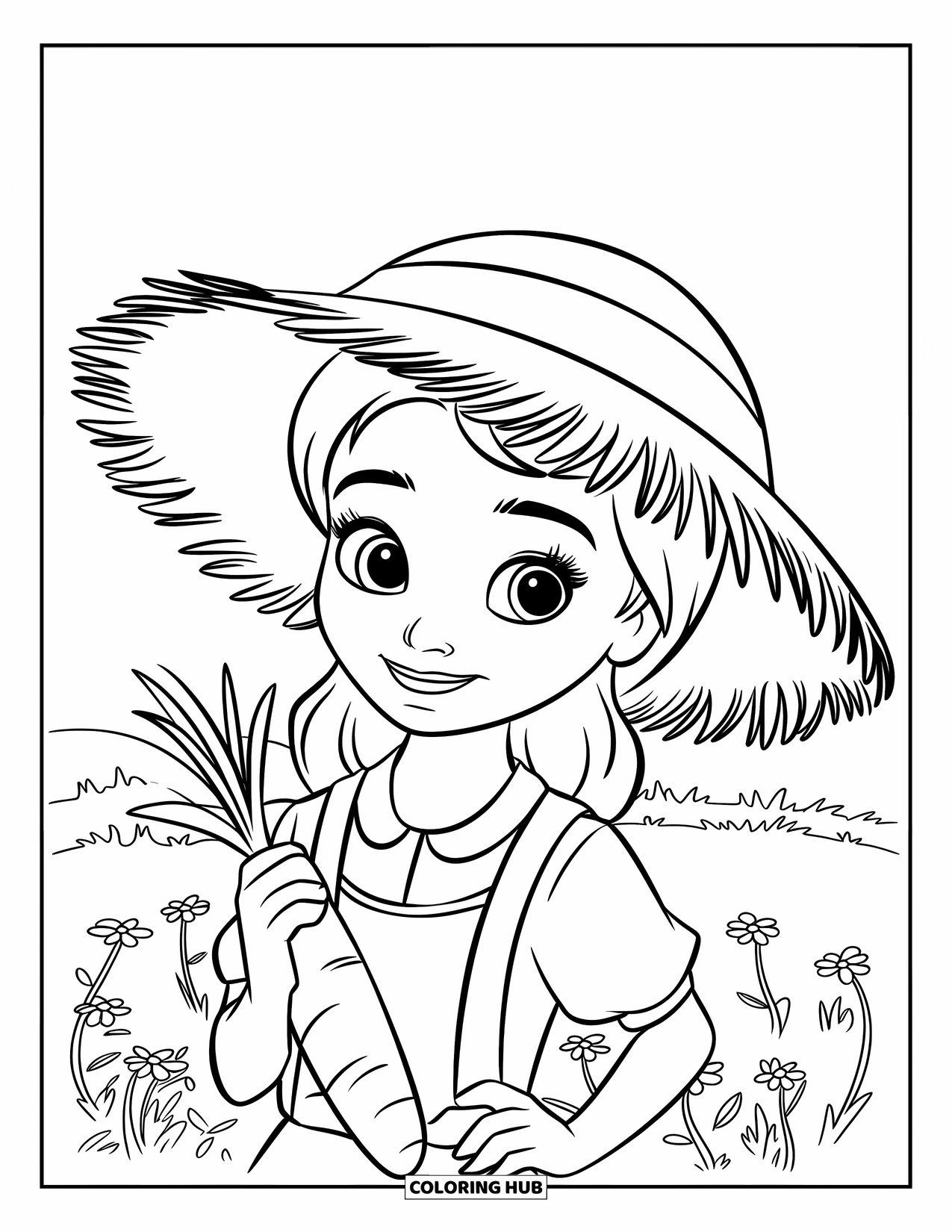 Farmer Coloring Page for Kids: A farmer girl with a big hat holding a carrot and smiling