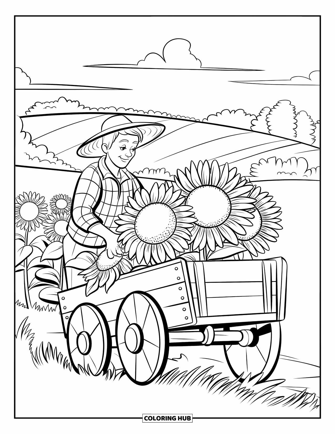 Farmer Coloring Page for Kids: A farmer harvesting sunflowers with a cart in the field