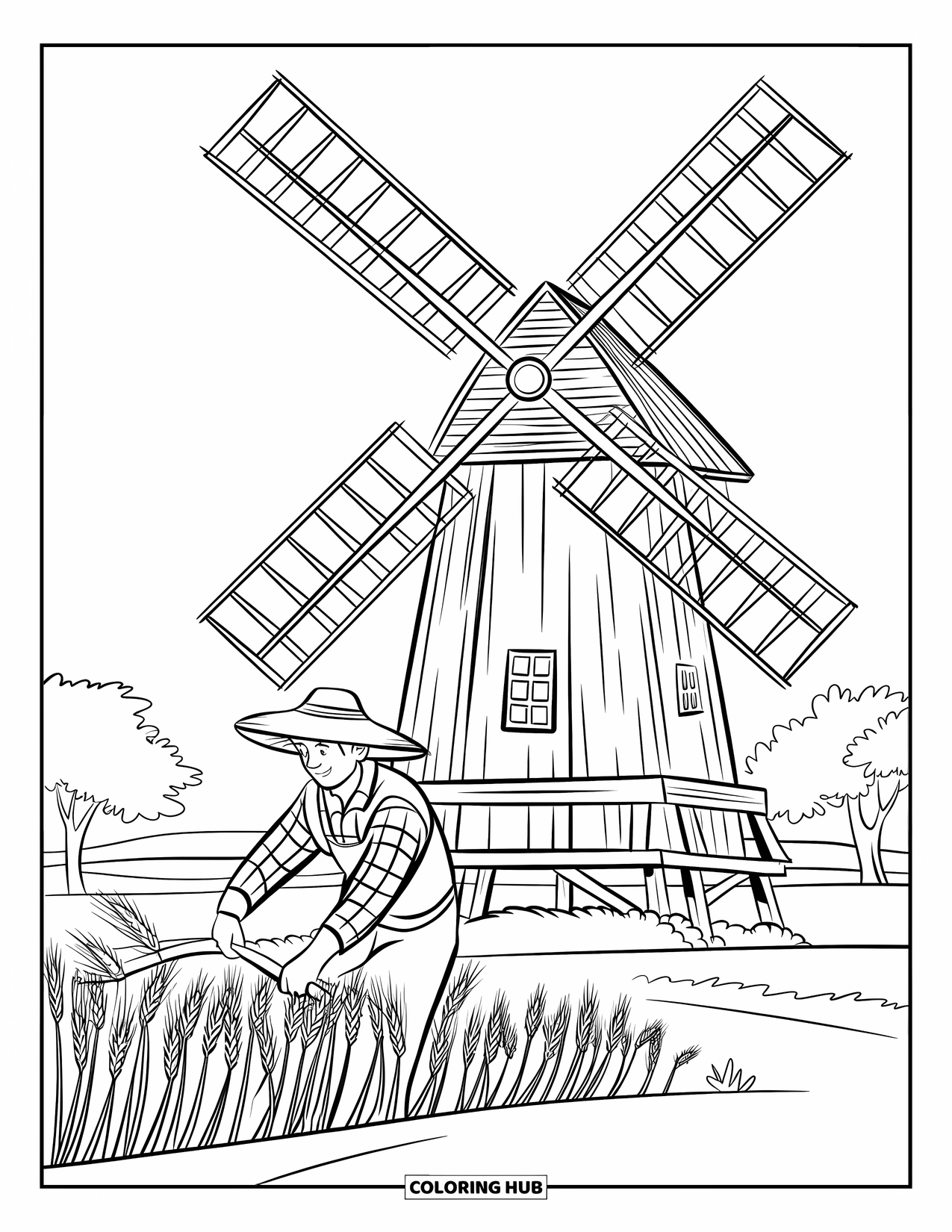 Farmer Coloring Page for Kids: A farmer harvesting wheat with a scythe under a windmill