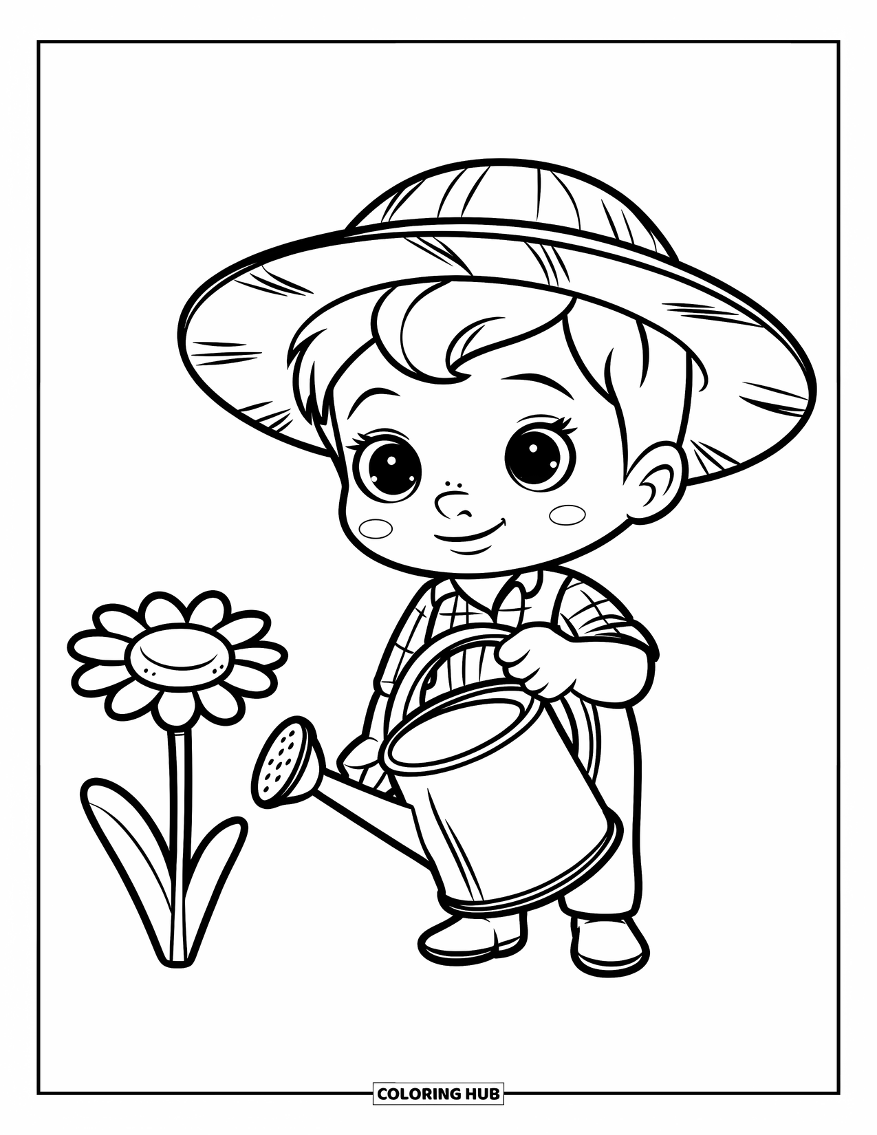 Farmer Coloring Page for Kids: A farmer holding a watering can near a single flower