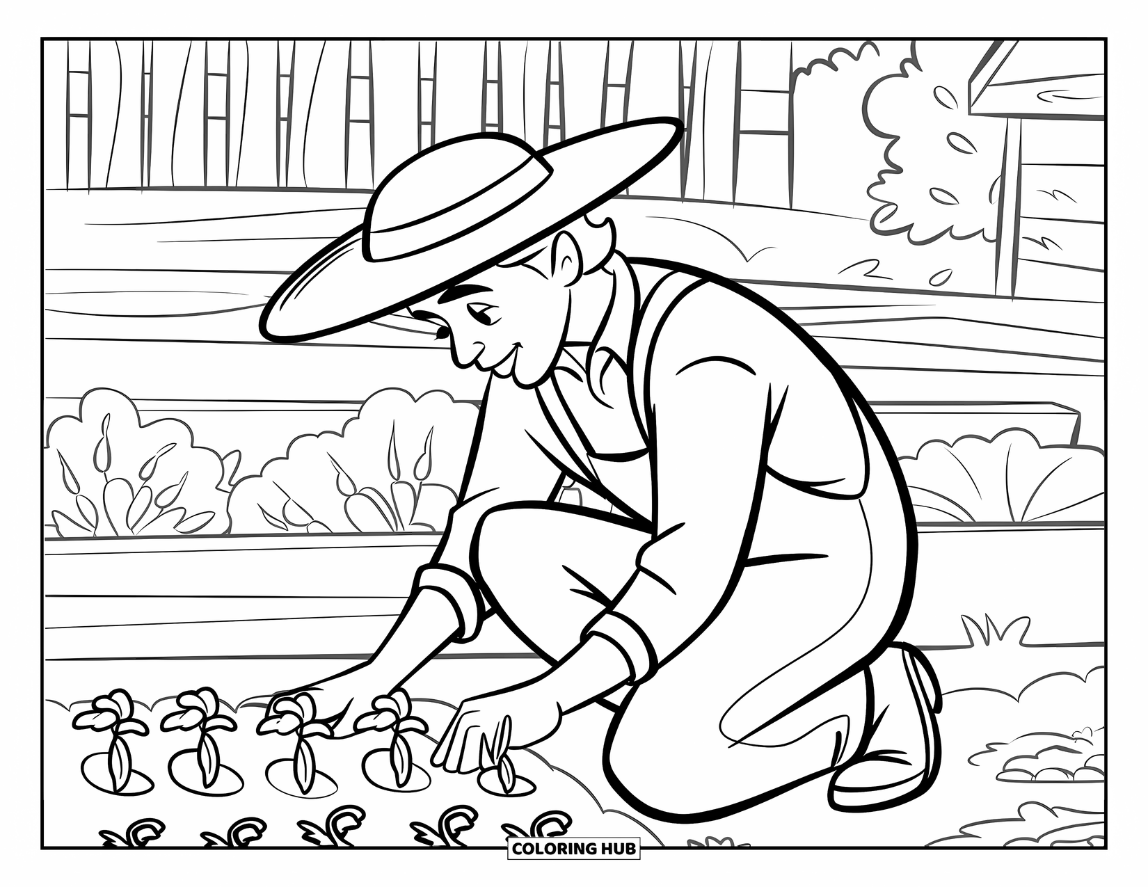 Farmer Coloring Page for Kids: A farmer kneeling to plant seedlings beside a wooden structure