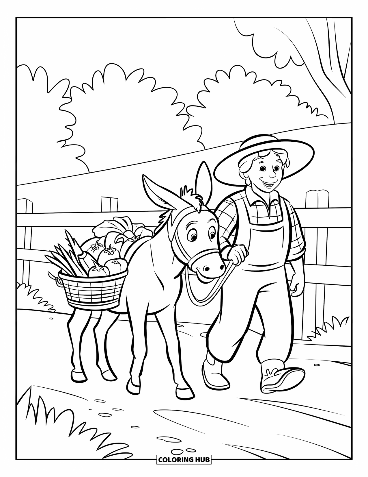 Farmer Coloring Page for Kids: A farmer leading a donkey with baskets along a dirt path