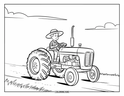 Desen de colorat cu fermier pentru copii: Un fermier pe un tractor mic sub un cer senin