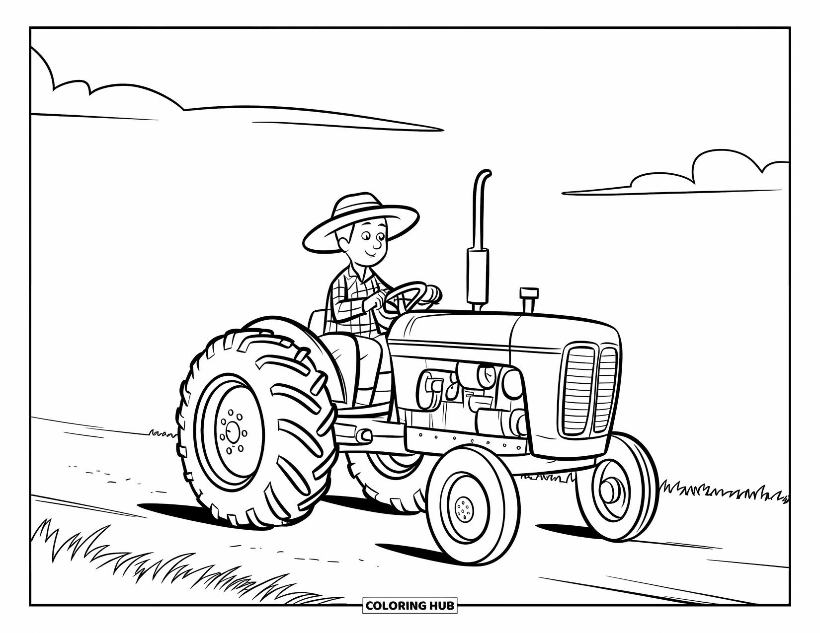 Farmer Coloring Page for Kids: A farmer on a small tractor under a clear sky