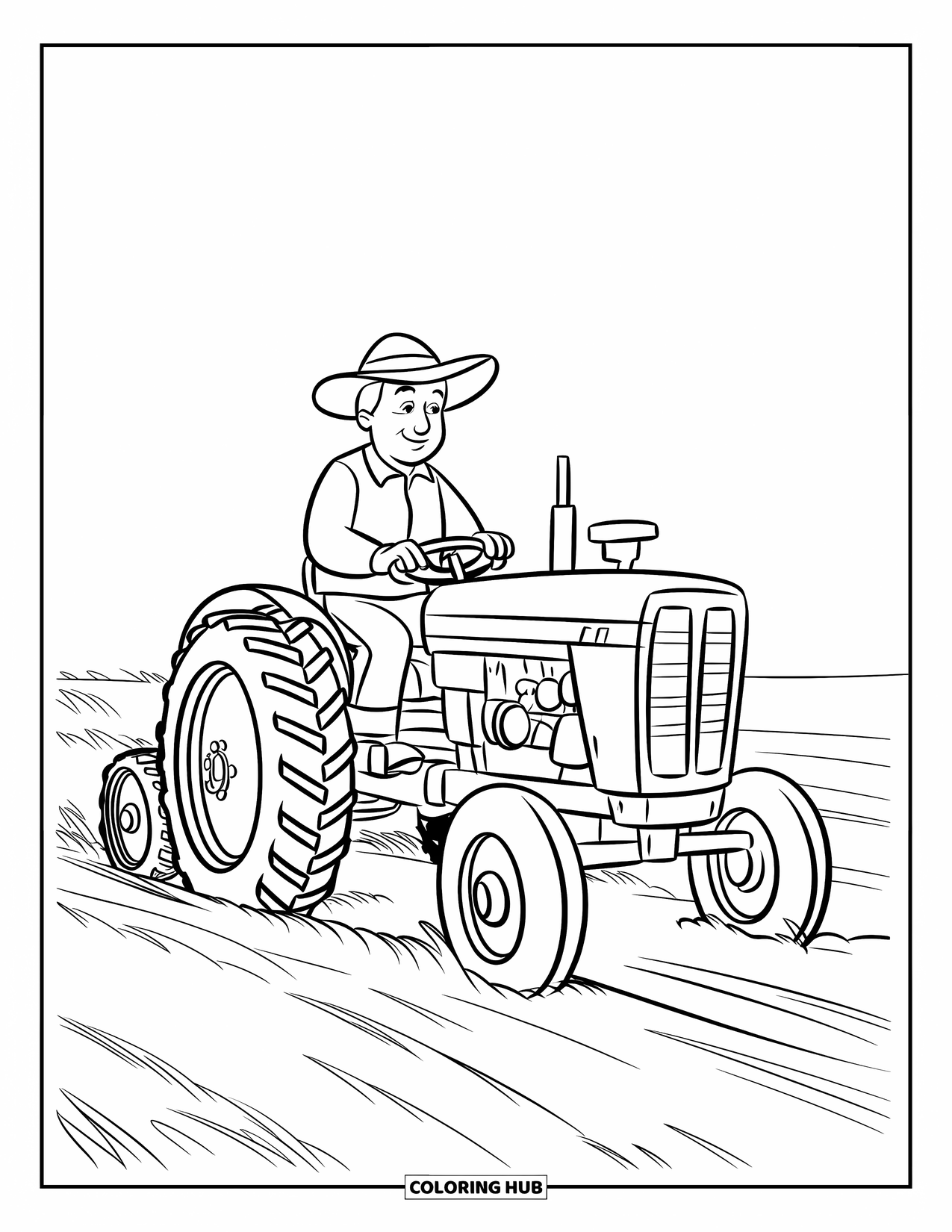Farmer Coloring Page for Kids: A farmer on a tractor plowing rows of soil