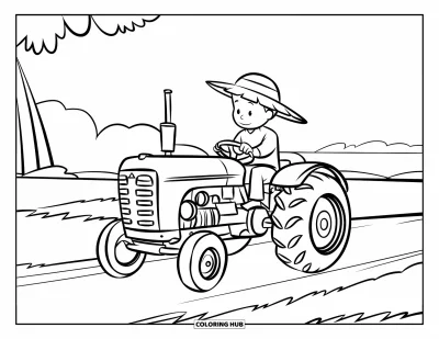 Desen de colorat cu fermier pentru copii: Un fermier pe un tractor purtând pălărie lângă orizont