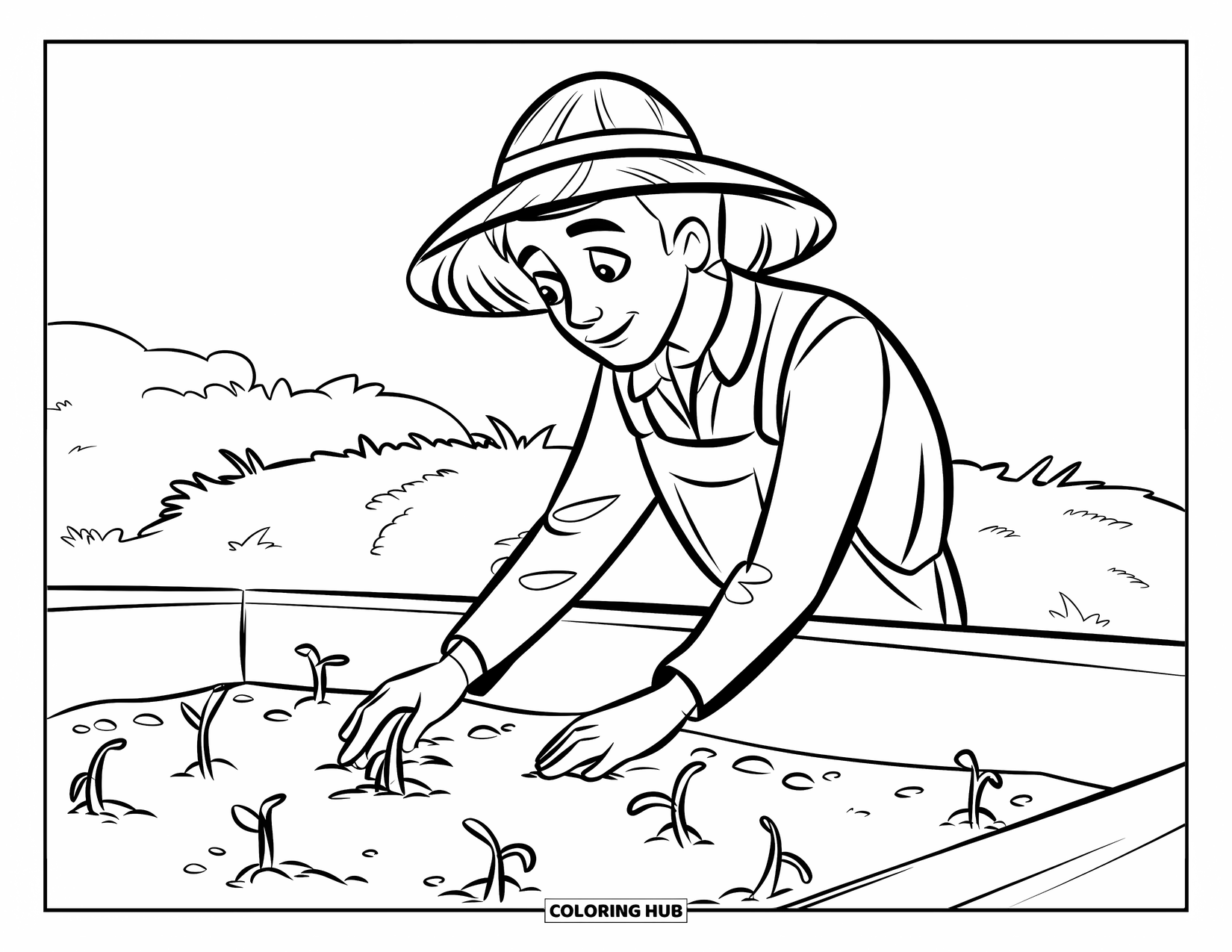 Farmer Coloring Page for Kids: A farmer planting seeds in a garden bed with sprouts