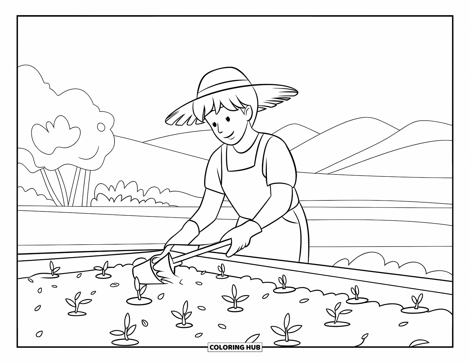 Farmer Coloring Page for Kids: A farmer planting seeds with sprouts near mountains and trees