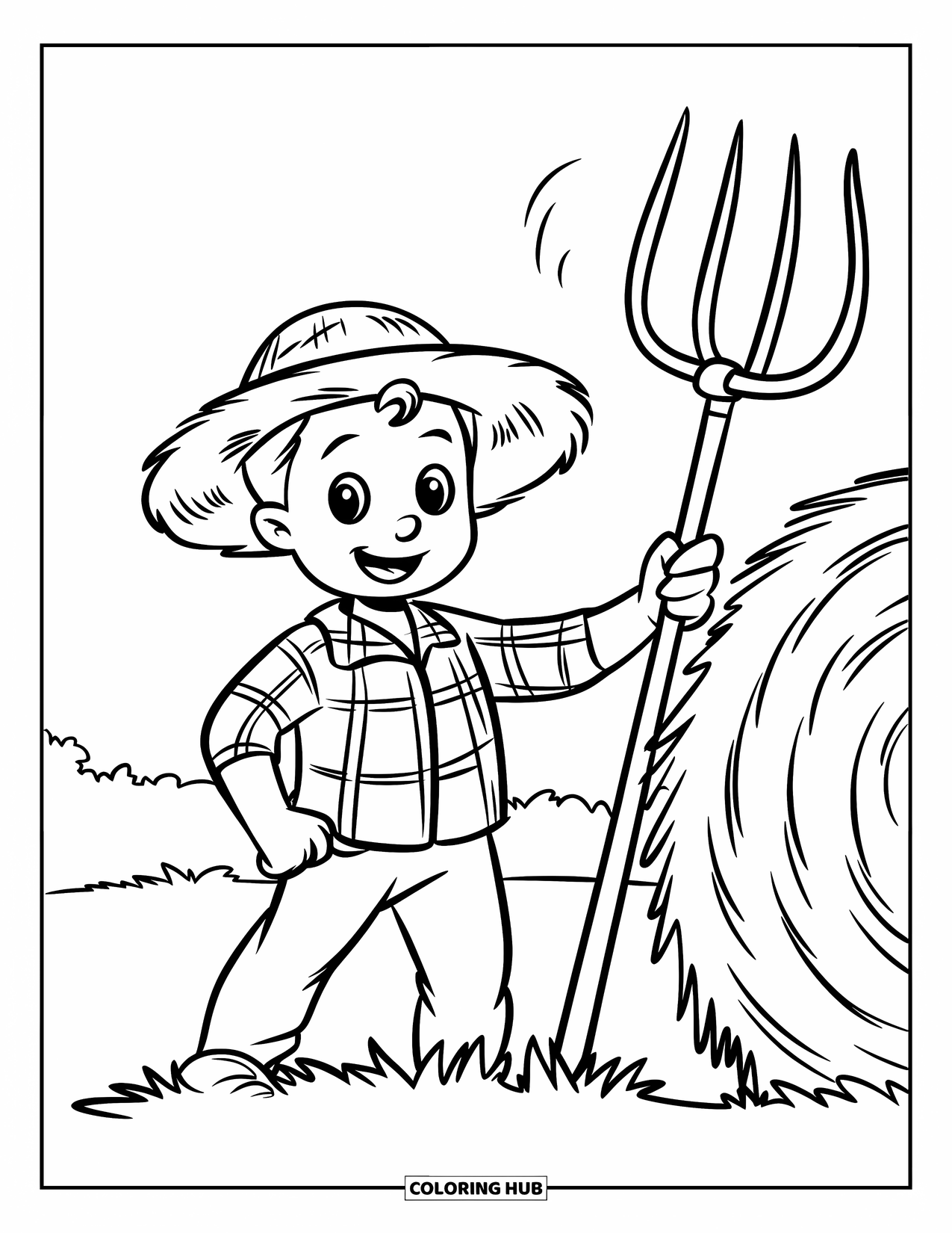 Farmer Coloring Page for Kids: A smiling farmer with a pitchfork standing near a hay bale