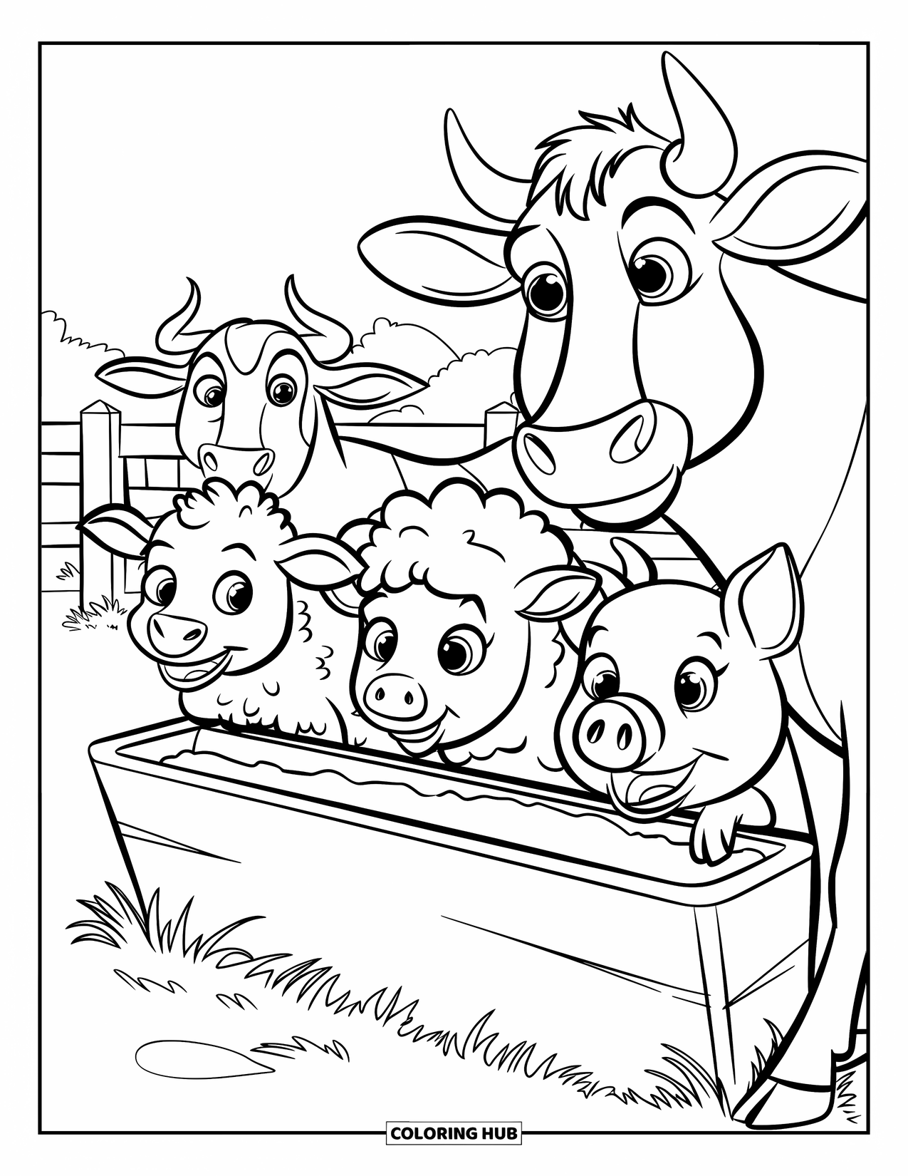 Farmer Coloring Page for Kids: Friendly farm animals standing near a trough with a fence