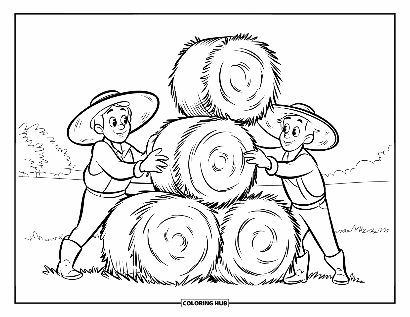 Farmer Coloring Page for Kids: Two farmers stacking hay bales shaped like a pyramid