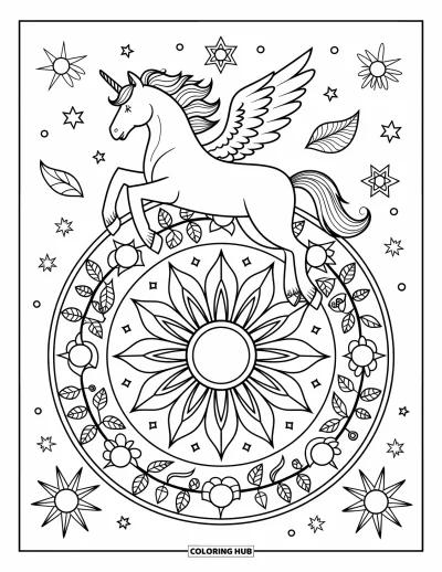 Coloriage de licorne volante pour adultes : Une licorne volante au-dessus d'un mandala circulaire de lianes et de symboles célestes