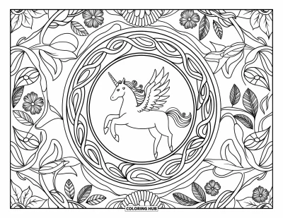 Coloriage de licorne volante pour adultes : Une licorne volante encadrée par un mandala botanique avec des lianes et des fleurs
