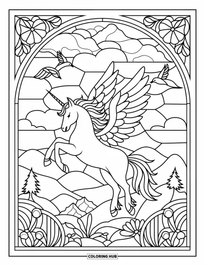 Coloriage de licorne volante pour adultes : Une licorne volante encadrée par des vitraux avec des oiseaux et des fleurs