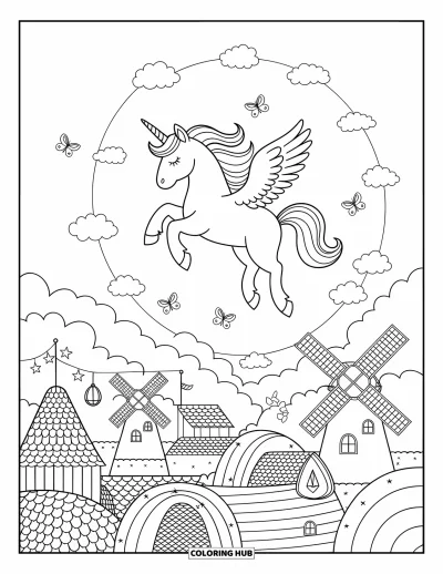 Coloriage de licorne volante pour adultes : Une licorne volante qui glisse gracieusement au-dessus d'un paisible petit village