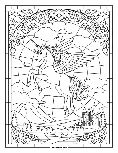 Coloriage de licorne volante pour adultes : Une licorne volante dans des ciels en vitraux au-dessus de montagnes et d'arbres