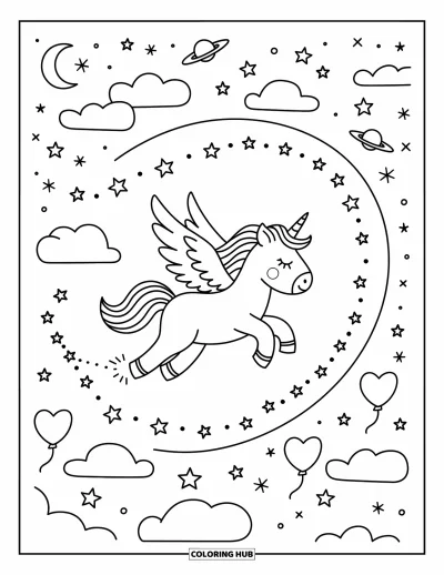 Coloriage de licorne volante pour adultes : Une licorne volante qui s'élance parmi des lunes, des planètes et des étoiles filantes
