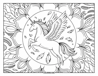 Coloriage de licorne volante pour adultes : Une licorne volante entourée d'un mandala botanique pleine page avec des fleurs