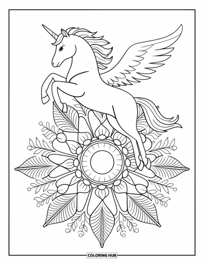 Coloriage de licorne volante pour adultes : Une licorne volante dont la crinière et la queue ondoient au-dessus d'un mandala feuillu