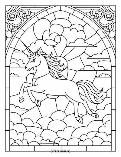 Coloriage de licorne volante pour adultes : Une licorne volante couronnée sur fond de vitraux avec des nuages et des fleurs