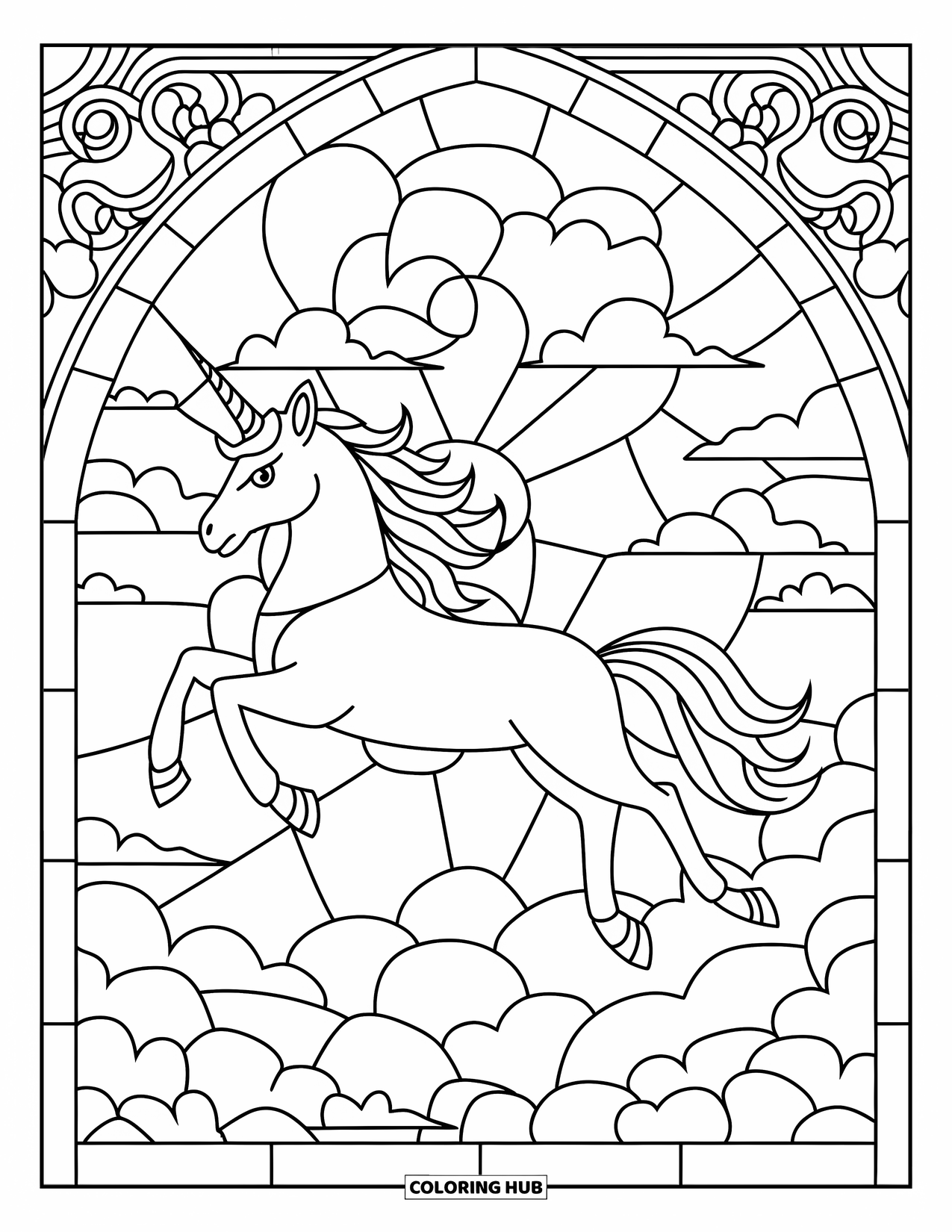 Flying Unicorn Coloring Page for Adults: Flying unicorn with a crown against stained glass clouds and flowers