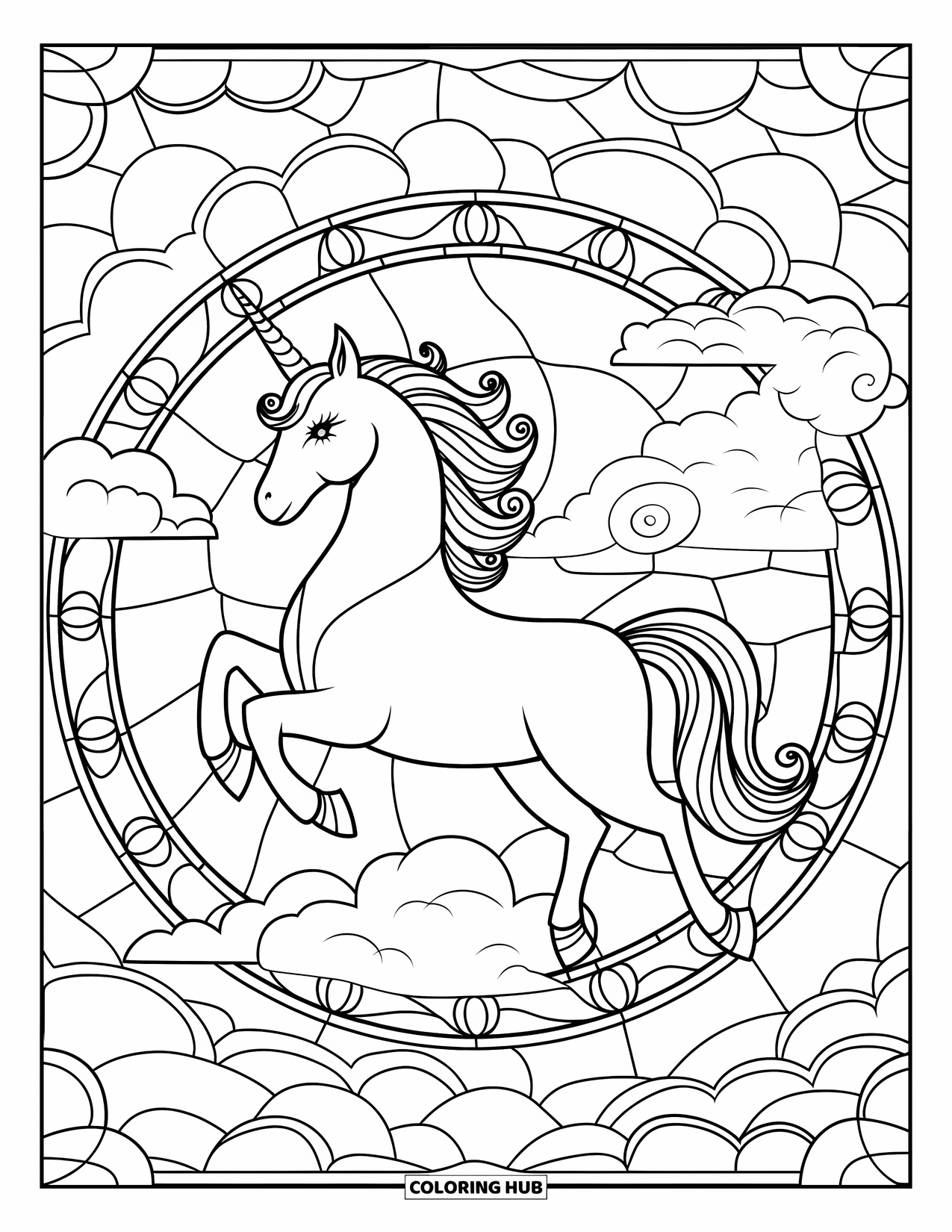 Flying Unicorn Coloring Page for Adults: Flying unicorn with a spiral horn against stained glass patterns