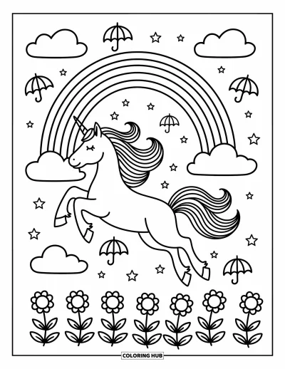 Coloriage de licorne volante pour adultes : Une gracieuse licorne qui plonge à travers un anneau d'arc-en-ciel avec des étoiles et des rubans