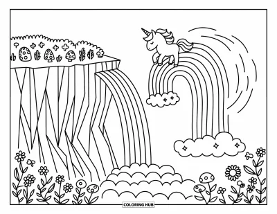 Coloriage de licorne volante pour adultes : Une gracieuse licorne qui s'envole au-dessus d'un arc-en-ciel et d'une cascade parsemés d'étoiles