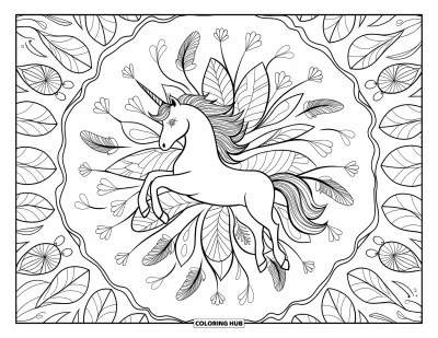 Coloriage de licorne volante pour adultes : Une licorne au cœur d'un mandala avec des pétales et des plumes