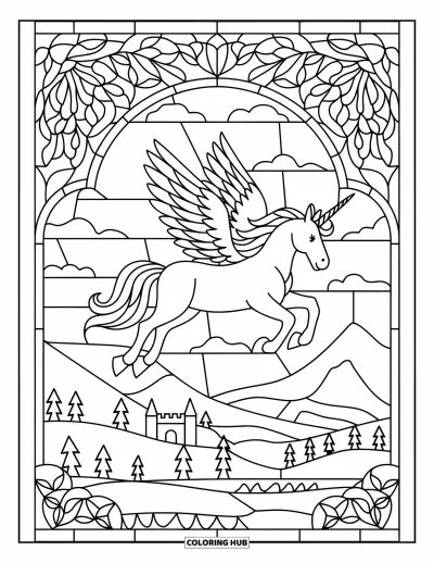 Coloriage de licorne volante pour adultes : Une licorne au cœur de ciels en vitraux avec des motifs floraux
