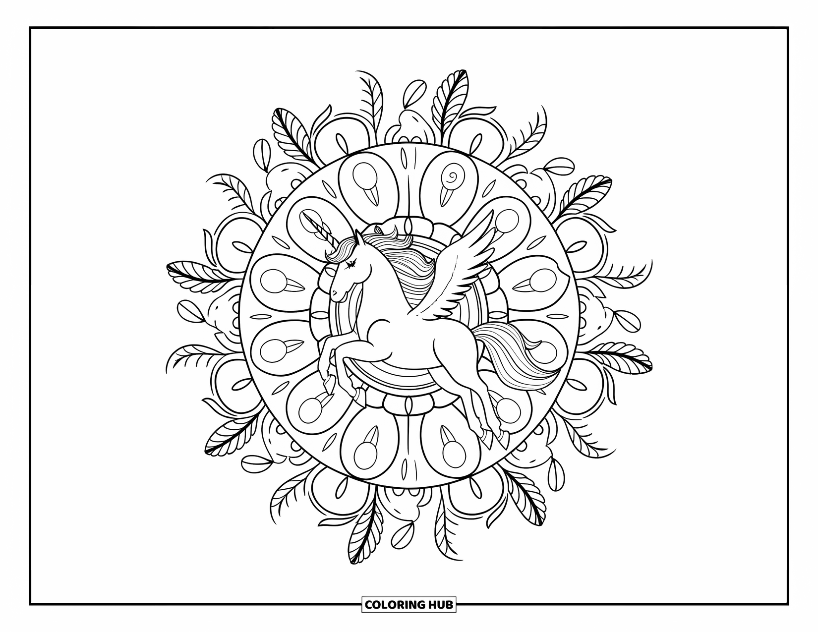 Flying Unicorn Coloring Page for Adults: Unicorn centered in a mandala of petals, feathers, and leaves