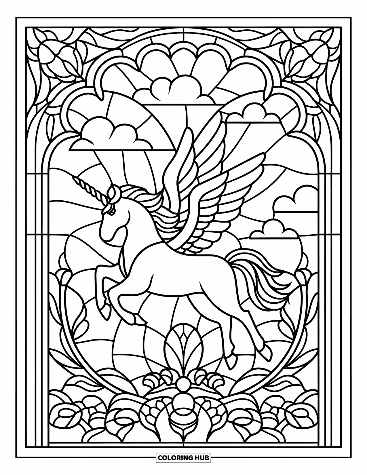 Flying Unicorn Coloring Page for Adults: Unicorn centered in a stained glass sky filled with flowers and clouds