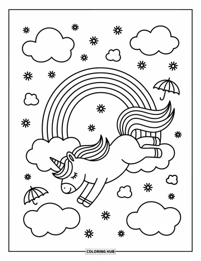 Coloriage de licorne volante pour adultes : Une licorne qui plonge joyeusement à travers un arc-en-ciel en forme d'anneau dans le ciel