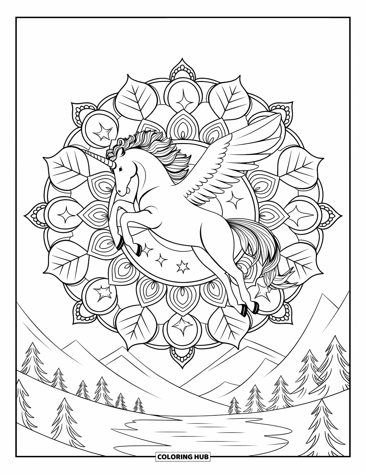 Flying Unicorn Coloring Page for Adults: Unicorn flying above a mandala of leaves, vines, and stars