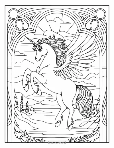 Coloriage de licorne volante pour adultes : Une licorne qui vole parmi des panneaux de vitraux ornés avec des motifs de ciel