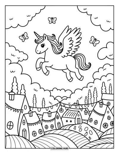 Coloriage de licorne volante pour adultes : Une licorne qui vole doucement au-dessus d'un village féerique éclairé par des lanternes