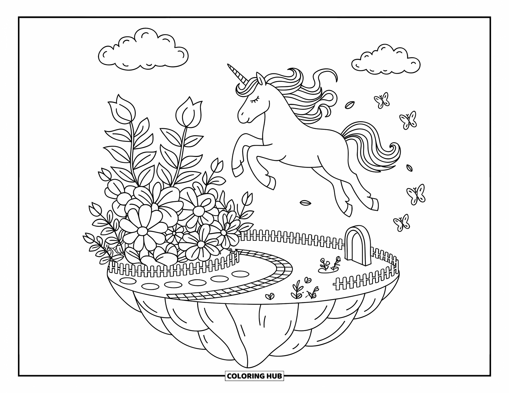 Flying Unicorn Coloring Page for Adults: Unicorn flying gracefully above a whimsical island garden